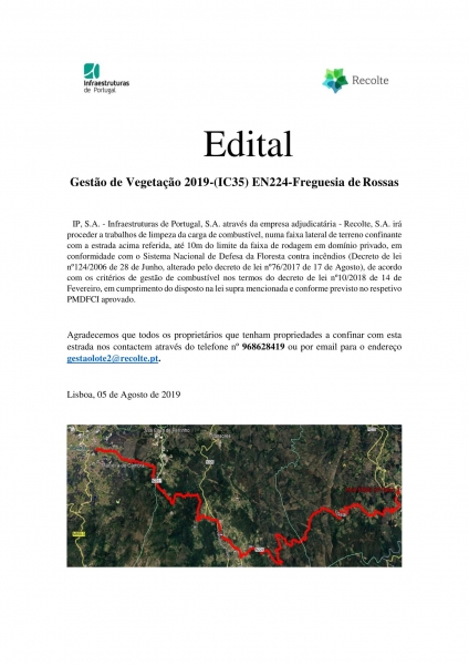 EDITAL | GESTÃO DE VEGETAÇÃO 2019-(IC35) EN224 - FREGUESIA DE ROSSAS
